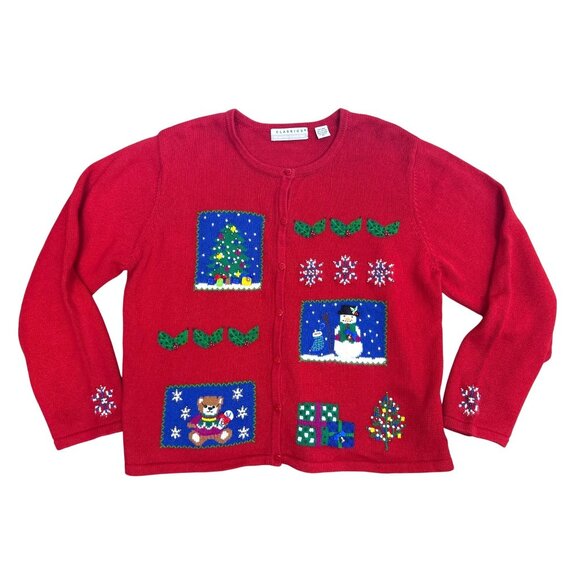 Vtg 90's Christmas Knit Cardigan Sweater Women's XL Red Tree Snowman Snowflakes - Picture 2 of 16
